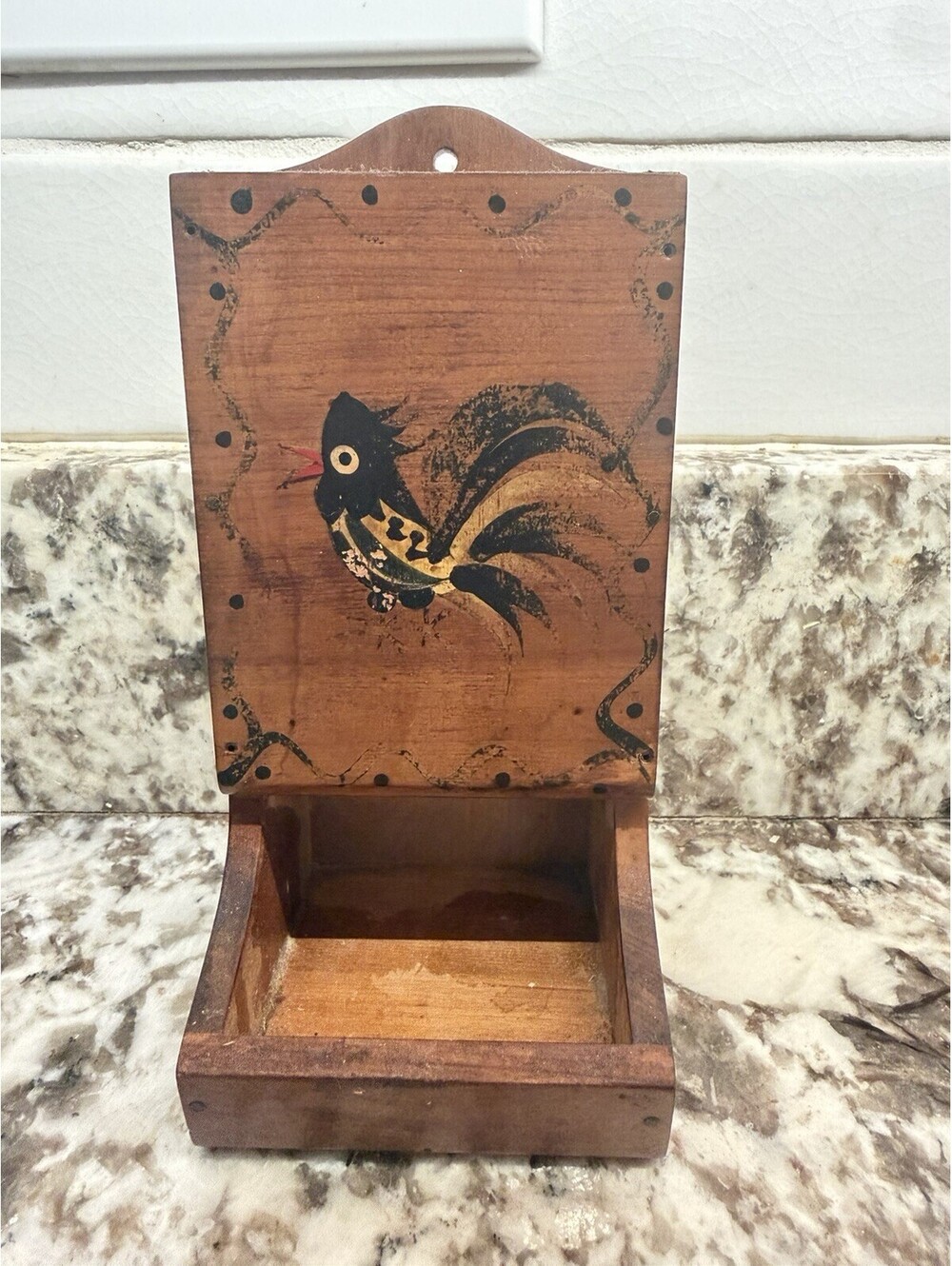 Vintage Woodpecker Woodward Matchbox Safe Holder Rooster Japan Painted